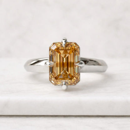 5 Carat Emerald Cut Moissanite Diamond Engagement Ring, Cigar Band Ring, Solid Gold Thick Band Solitaire Ring, Minimalist Ring Gift For Her