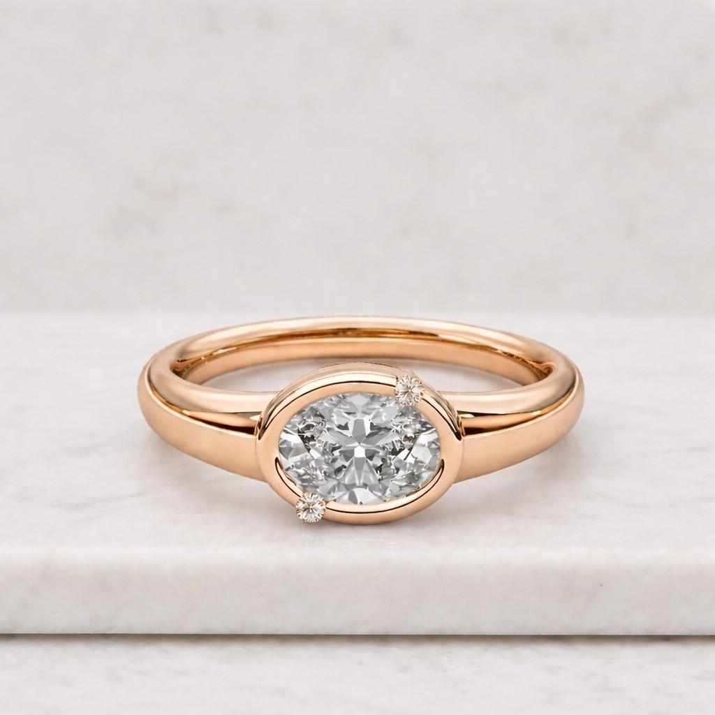 14K Yellow Gold Lab Grown Diamond Ring, East To West Oval Cut Engagement Ring, Solitaire Half Bezel Set Ethical Ring, Sustainable Jewelry

