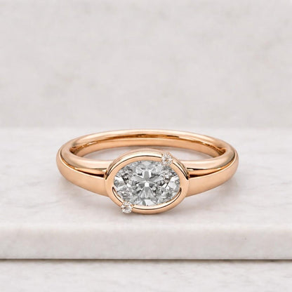 14K Yellow Gold Lab Grown Diamond Ring, East To West Oval Cut Engagement Ring, Solitaire Half Bezel Set Ethical Ring, Sustainable Jewelry

