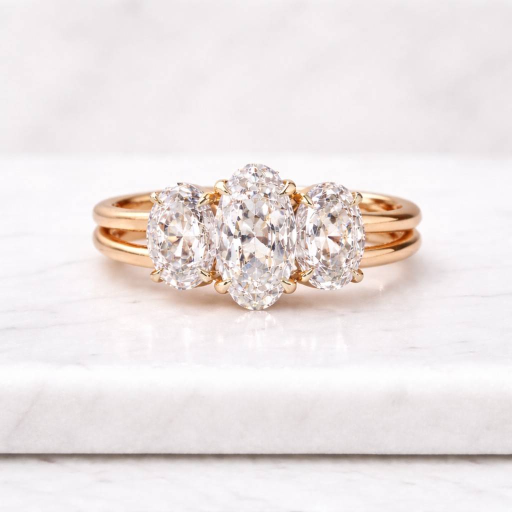 oval cut lab grown diamond engagement ring, oval diamond three stone ring for wedding gift, 14k gold trilogy ring, anniversary gift for her