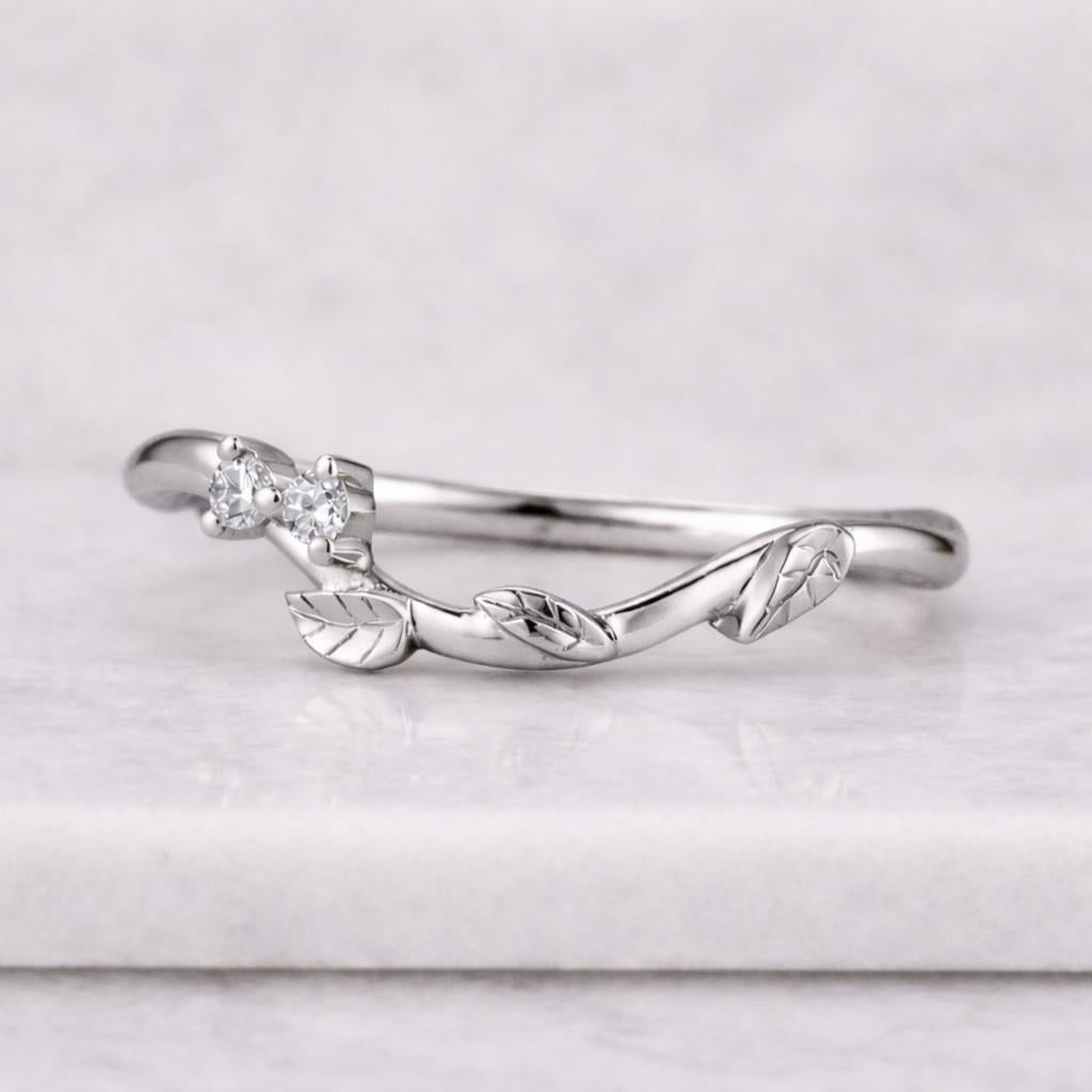 moissanite curved wedding band unique white gold leaf stacking ring round cut ring art deco bridal milgrain ring promise anniversary gift