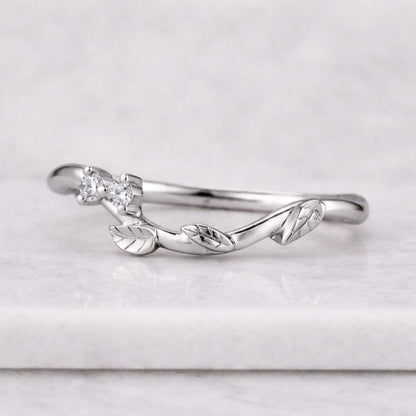 Moissanite Curved Wedding Band Unique white gold Leaf Stacking ring Round cut ring Art deco Bridal Milgrain Ring Promise anniversary gift