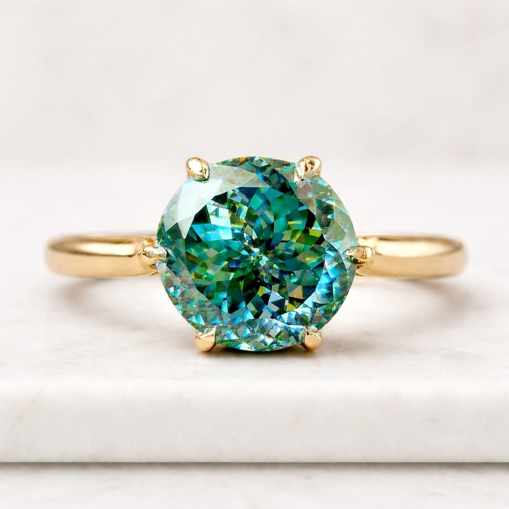 8 carat green round cut halo three-stone certified vvs moissanite ring