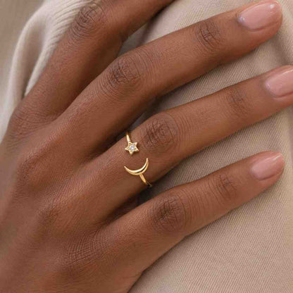celestial band moon star ring moon and star ring open cuff ring adjustable band gold band delicate ring fine ring slim band polished band smooth ring lightweight ring women jewelry