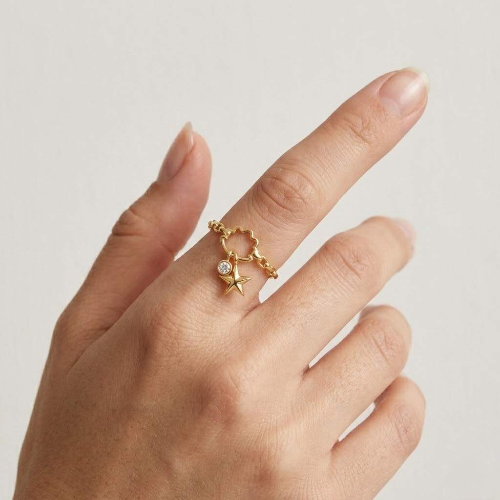 celestial jewelry star jewelry cloud jewelry charm jewelry gold charm adjustable jewelry chain detail ring band ring open band cloud outline star pendant crystal accent tiny gemstone sparkle charm