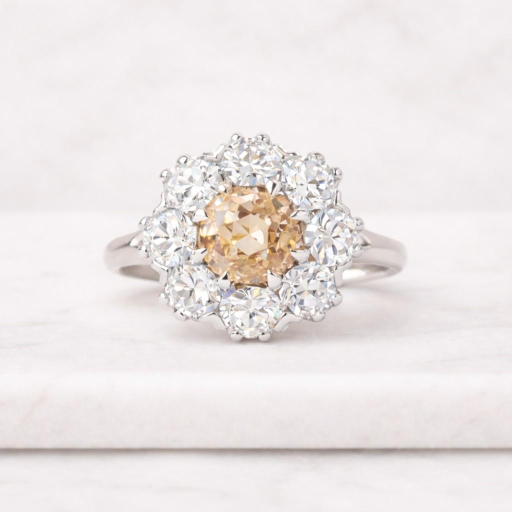 round cut moissanite georgian style engagement ring, daisy halo antique ring, floral set blackened collet set ring, 14k gold vintage ring