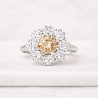 Round Cut Moissanite Georgian Style Engagement Ring, Daisy Halo Antique Ring, Floral Set Blackened Collet Set Ring, 14K Gold Vintage Ring