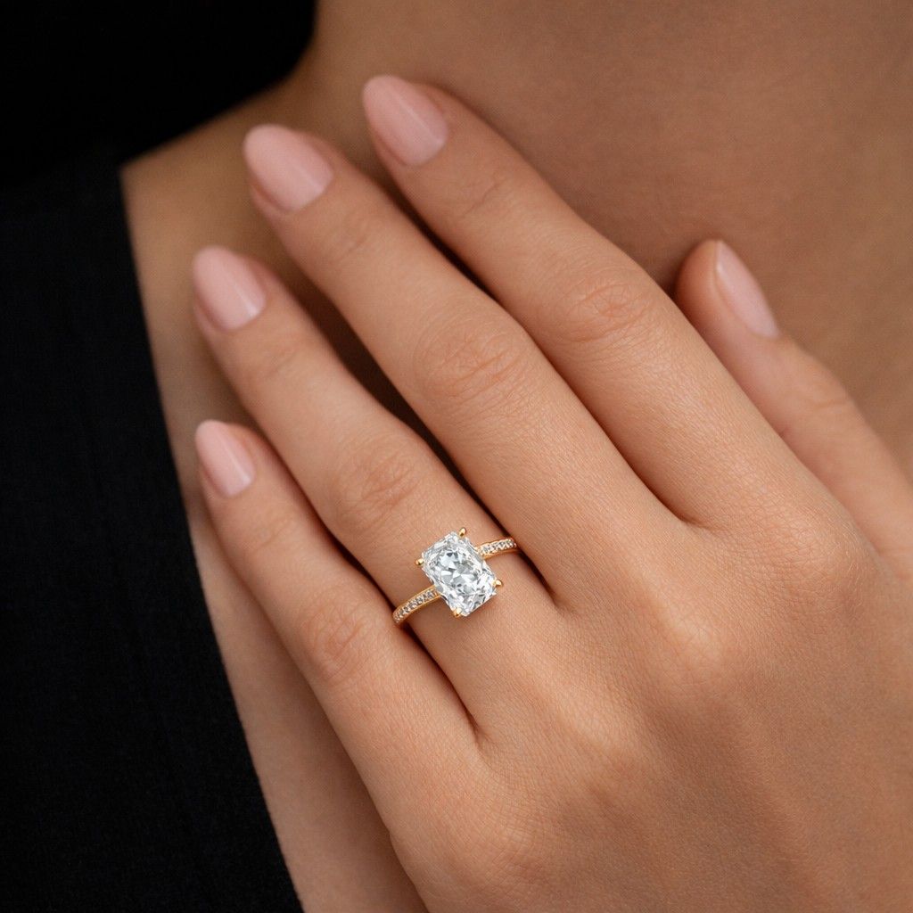 radiant lab grown diamond engagement ring, pave diamond band, 14k gold proposal ring
