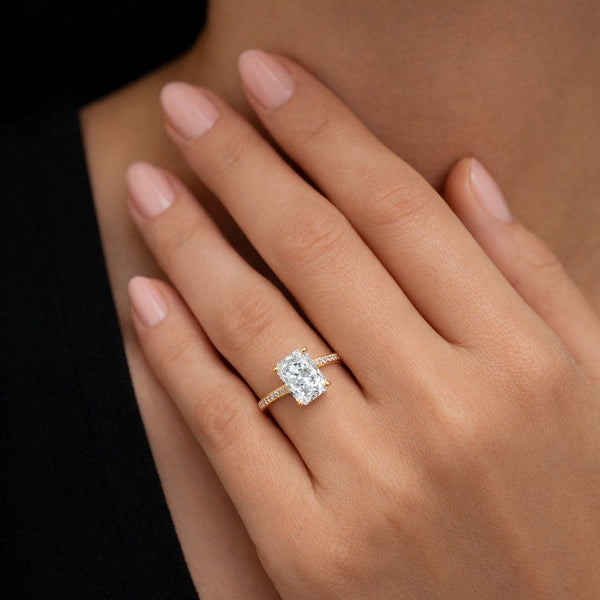 Radiant Lab Grown Diamond Engagement Ring, Pave Diamond Band, 14k Gold Proposal Ring
