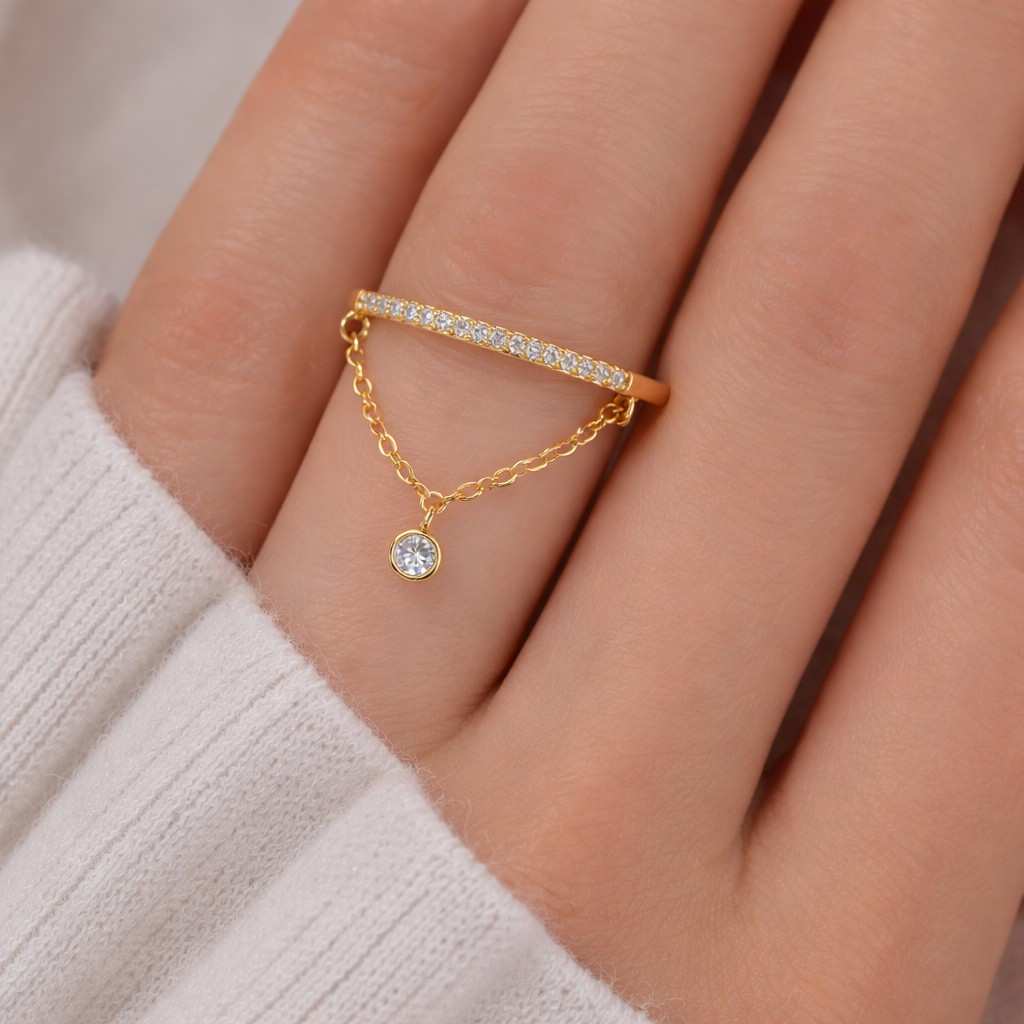 chain ring dangle ring charm ring gold ring thin ring stacking ring pave ring crystal ring bezel charm ring drop charm ring delicate ring dainty ring womens ring fashion ring everyday ring