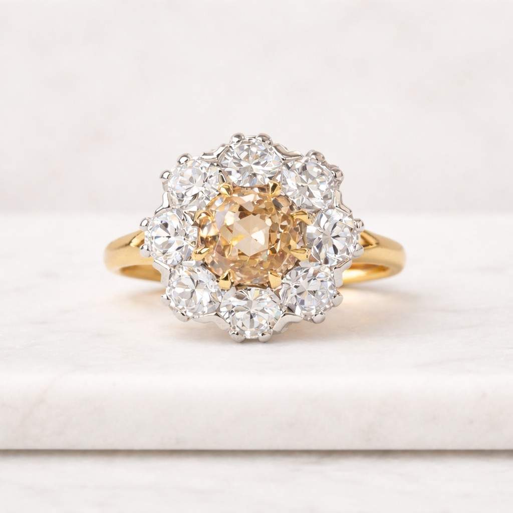 2.5 Ct Round Cut White Sapphire Cluster Halo Engagement Ring, Floral Style Wedding Ring, Anniversary Gift, Sterling Silver, Yellow Gold Over