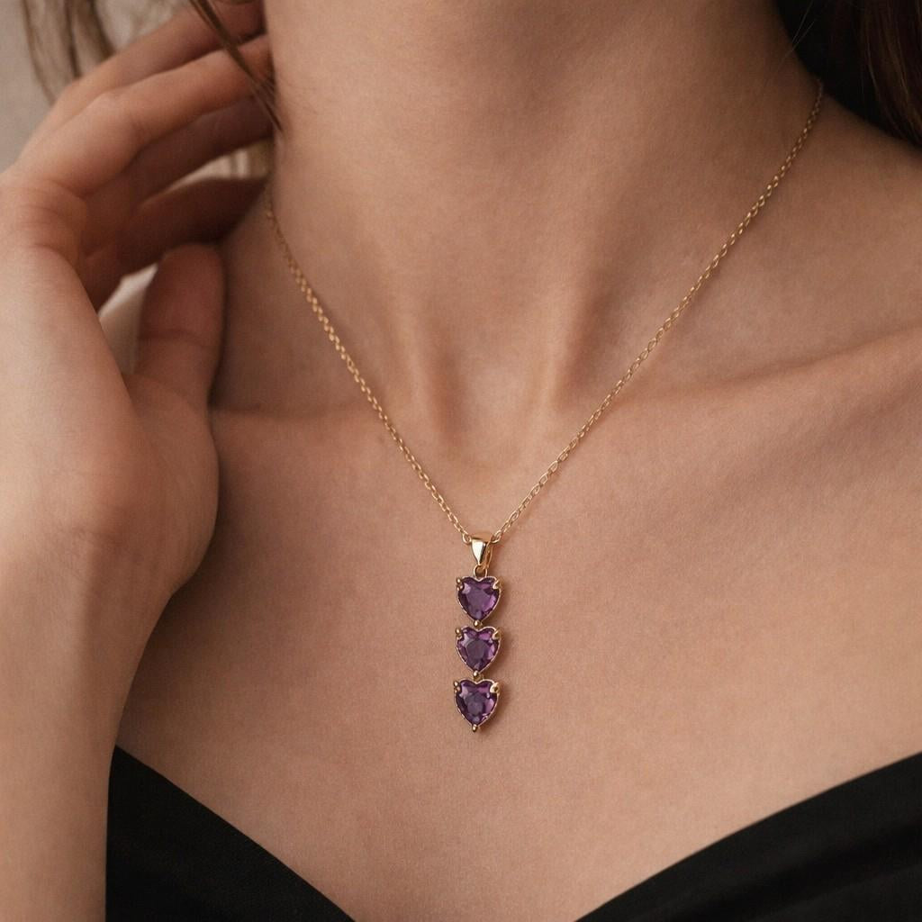 heart cut natural lavender amethyst citrine engagement necklace 14k yellow gold birthstone purple crystal pendant minimalist two stone chain