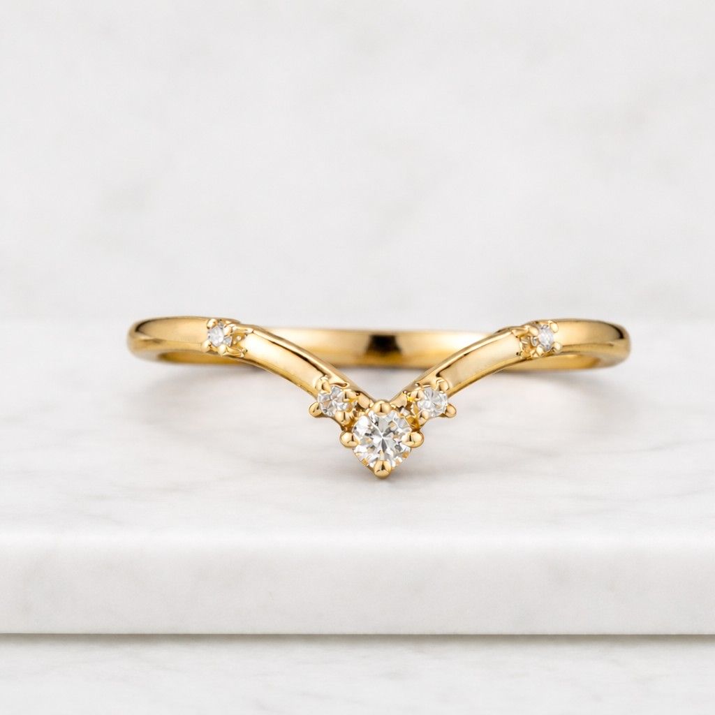 Curved Lab Grown Diamond Wedding Band, V Shape Stackable Ring, Minimalist Diamond Band, Contour Gold Ring, Anniversary Gift
