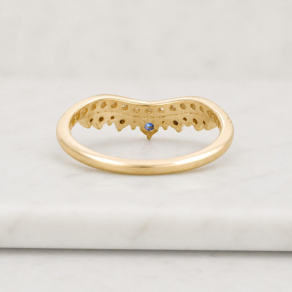 Natural Diamond Two Row Chevron Band, Round Cut Diamond Wedding Band, Blue Natural Diamond Curved Stackable Matching Band, 14K Gold Band