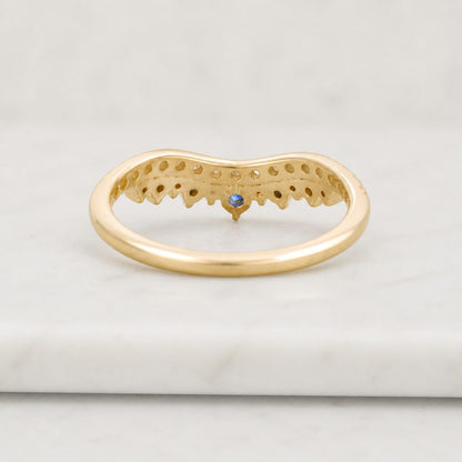Natural Diamond Two Row Chevron Band, Round Cut Diamond Wedding Band, Blue Natural Diamond Curved Stackable Matching Band, 14K Gold Band