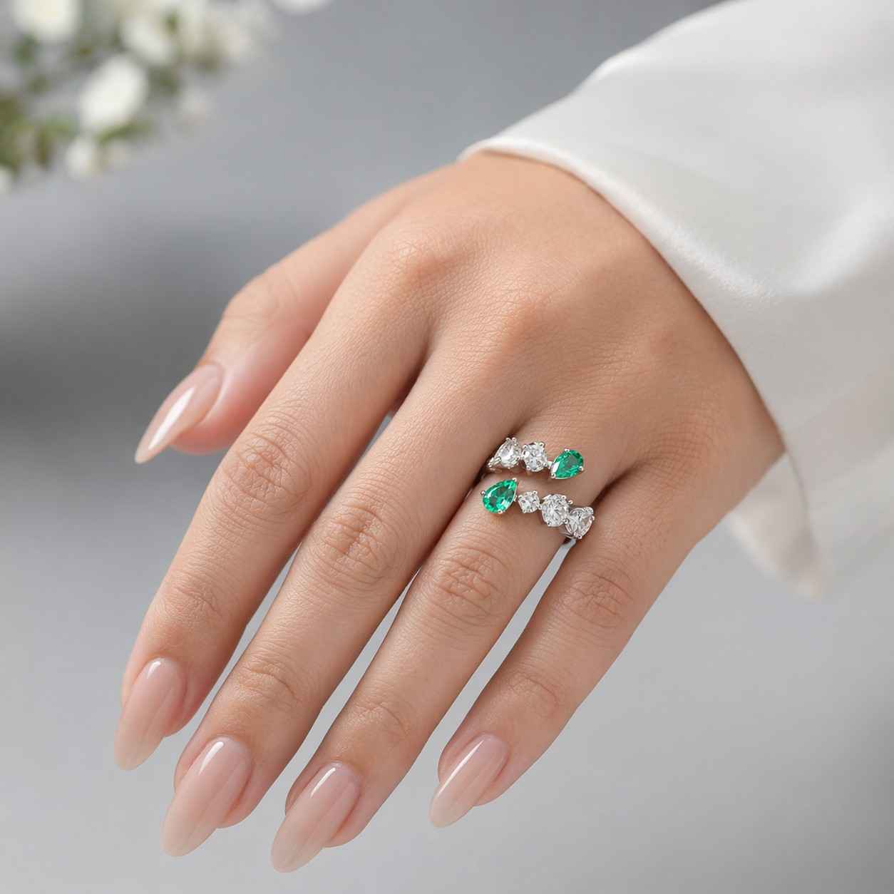 emerald open ring pear cut 925 sterling silver gold plated adjustable ring
