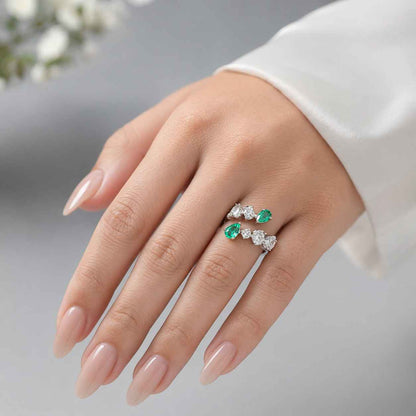 Emerald Open Ring Pear Cut 925 Sterling Silver Gold Plated Adjustable Ring
