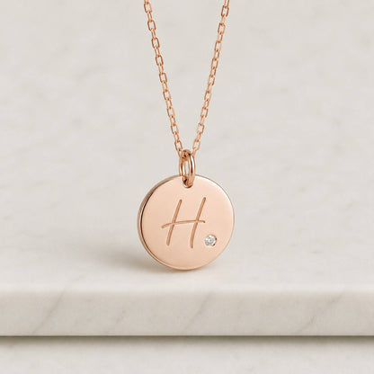 circle necklace engraved pendant letter H custom initial name necklace monogram pendant round charm rose pendant shiny pendant smooth pendant