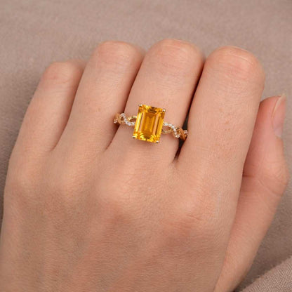 Natural Citrine and CZ Ring – 925 Sterling Silver, 6x5 mm Octagon Cut Yellow Gem, Dainty Birthstone Ring for Women, November Gift Jewelry.
