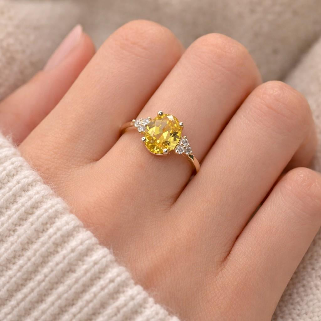 Yellow Oval diamond Ring, Three Stone Engagement Ring with Trillion Side Stones, Anniversary Gift