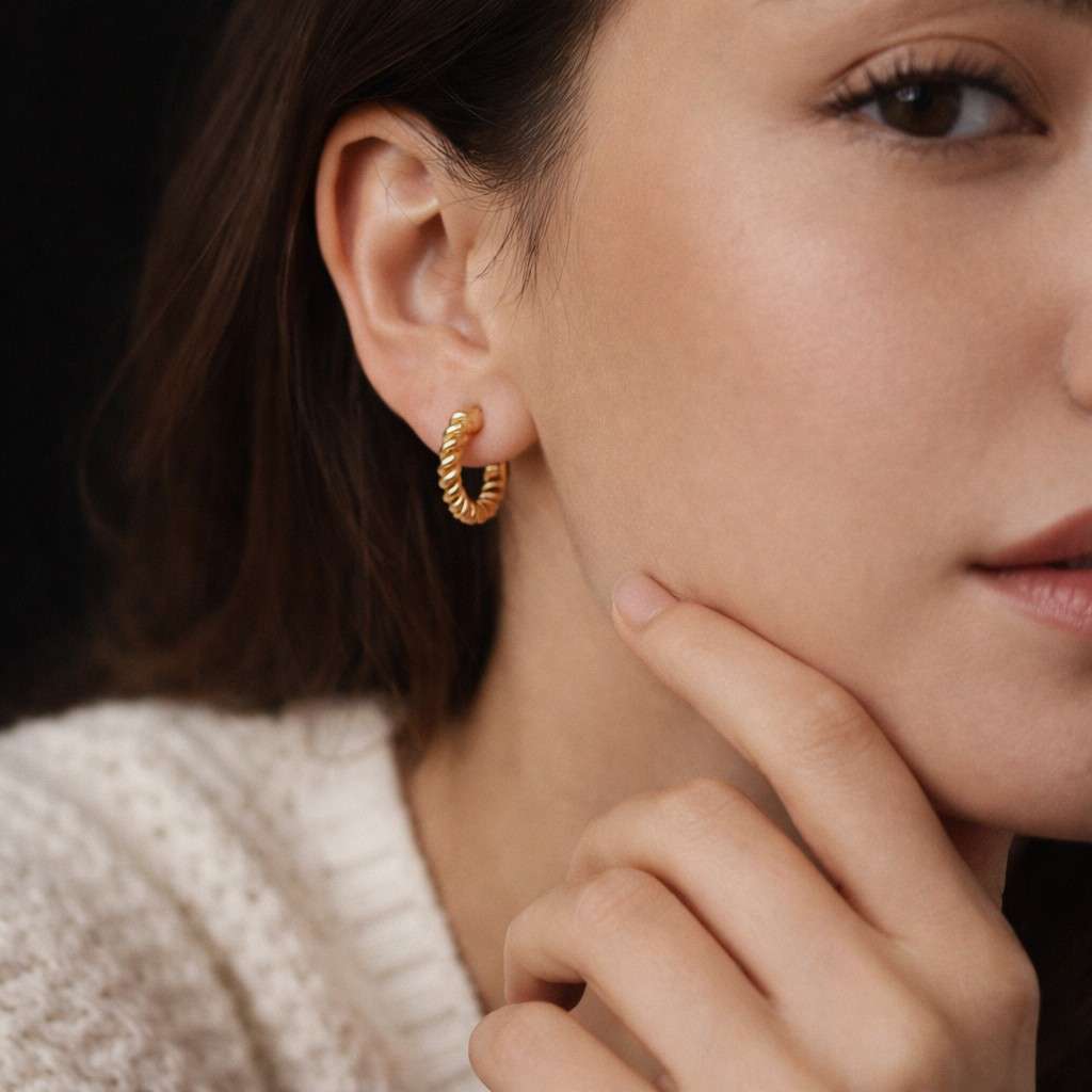 18k solid gold twisted rope hoop earrings – hinged snap closure everyday jewelry
