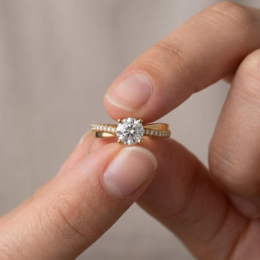 14K Gold Round Cut Moissanite Engagement Ring, Pave Band, 2 Ct Wedding Ring Gifts