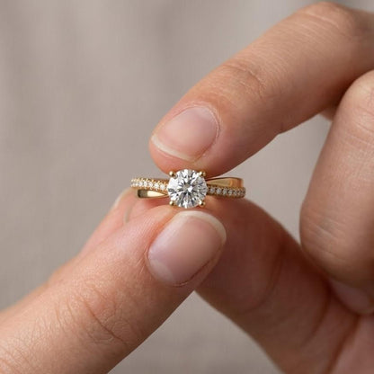 14K Gold Round Cut Moissanite Engagement Ring, Pave Band, 2 Ct Wedding Ring Gifts