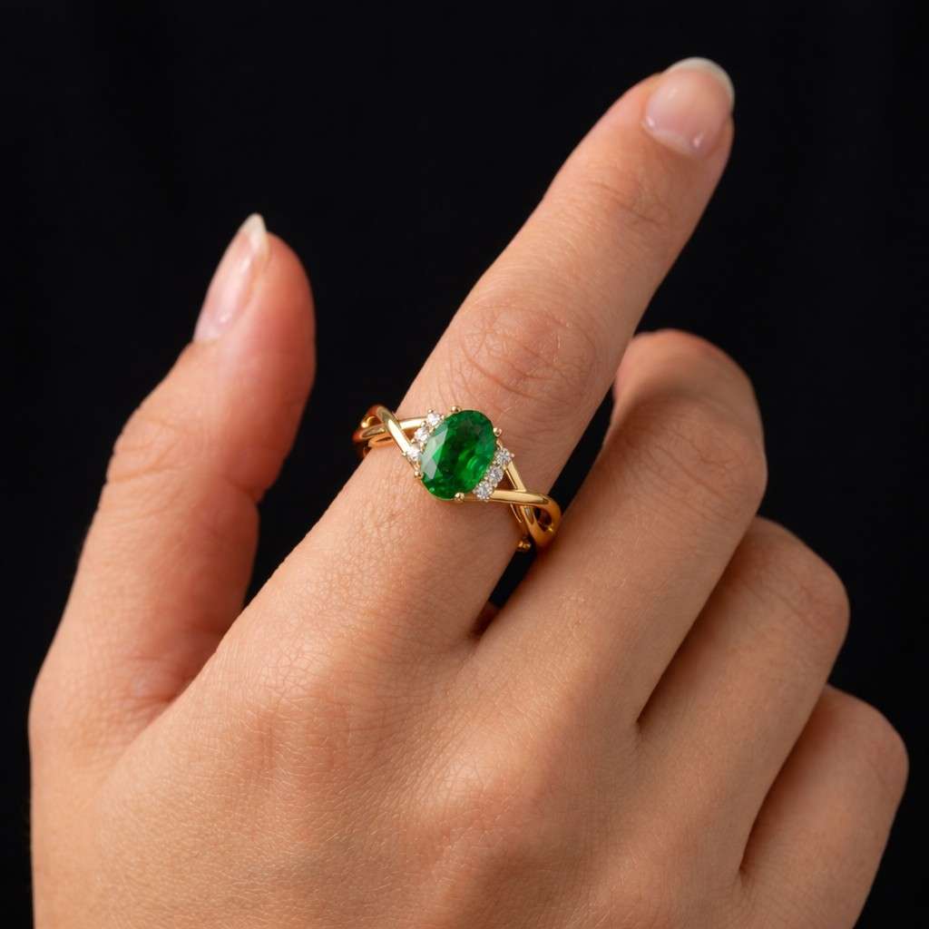 classic ring timeless ring sparkle ring bright green ring engagement ring alternative ring infinity band ring crossover band ring yellow gold ring gemstone jewelry ring