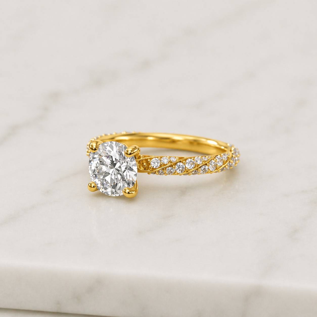 Round Lab Grown Diamond Engagement Ring With Twisted Pave Wedding Band, Hidden Halo Bridal Set, Matching Eternity Wedding Ring Set For Her