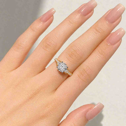 Engagement ring with a 2-carat solitaire diamond in a high cathedral setting with pavé band, diamond, gold, handmade, vintage luxury
