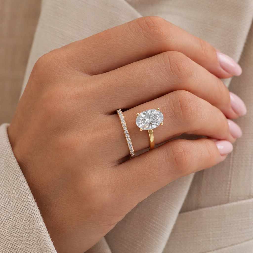 oval cut moissanite solitaire engagement ring, open wrap pave band proposal gift for her, party wear jewelry for women anniversary gift

