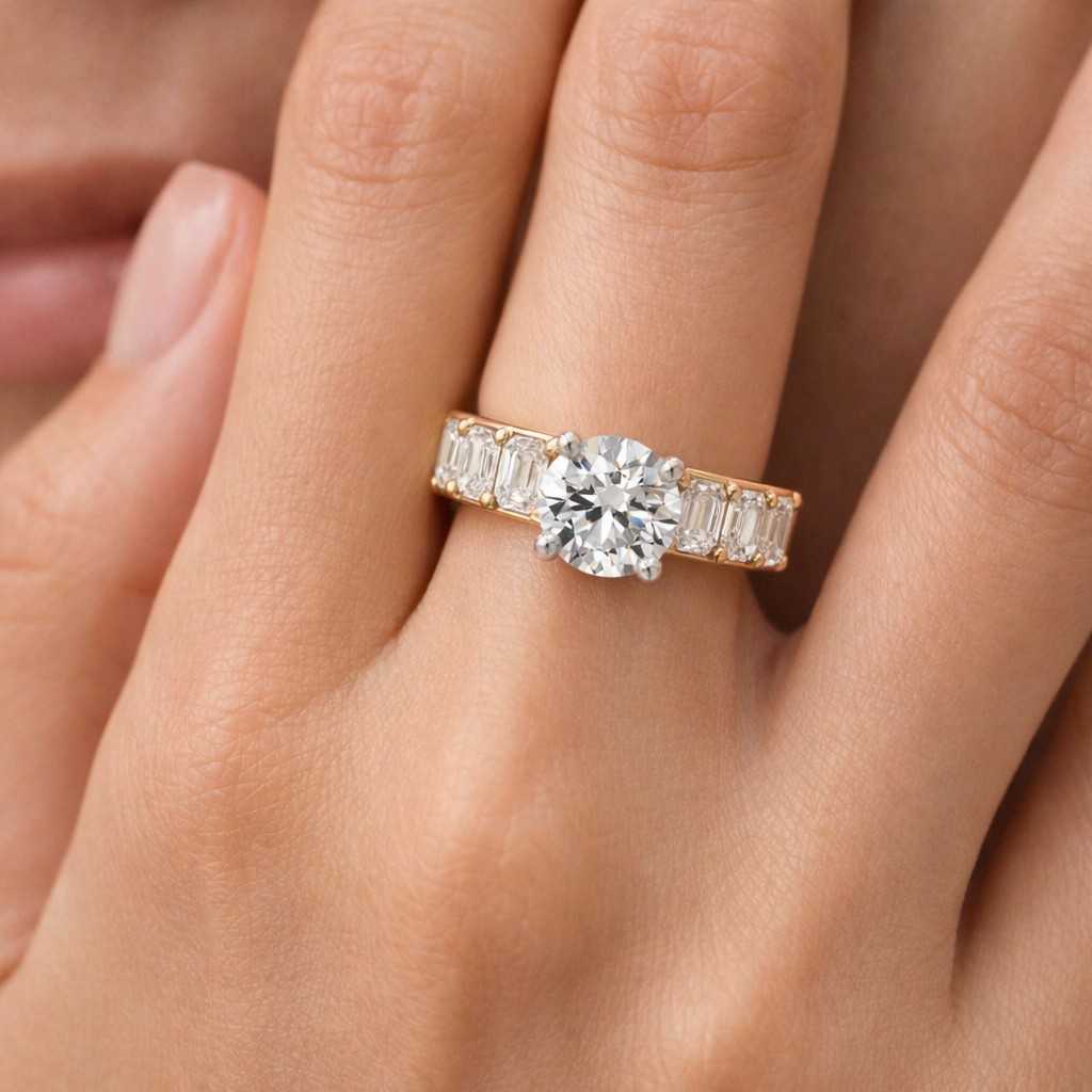 1 ct round cut lab grown diamond ring, baguette side stone engagement ring, solitaire bridal ring, 14k yellow gold ring for her, minimalist
