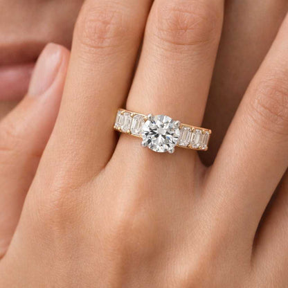 1 CT Round Cut Lab Grown Diamond Ring, Baguette Side Stone Engagement Ring, Solitaire Bridal Ring, 14K Yellow Gold Ring for Her, Minimalist
