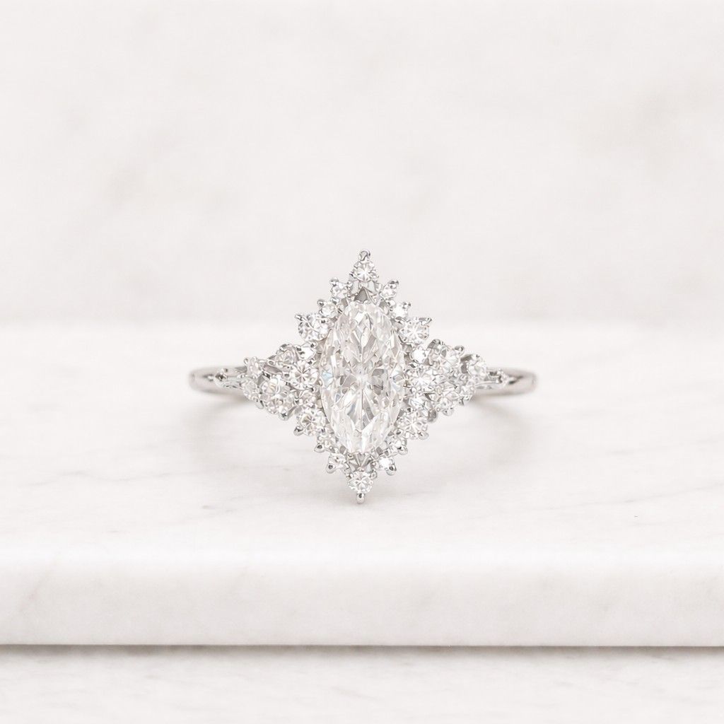 Oval Cut Moissanite Ring, Unique Marquise and Round Sunburst Halo Engagement Ring, Cluster Promise Ring, Art Deco Ring for Women
