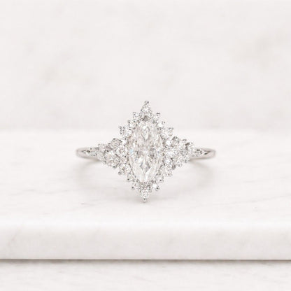 Oval Cut Moissanite Ring, Unique Marquise and Round Sunburst Halo Engagement Ring, Cluster Promise Ring, Art Deco Ring for Women
