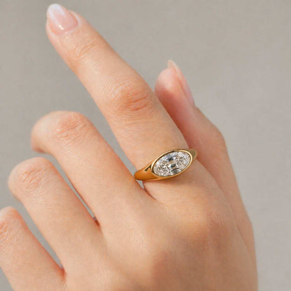 East West Oval Moissanite Engagement Ring, Bezel Set Minimalist Solitaire Ring, 14K Yellow Gold Horizontal Ring For Her Bridal
