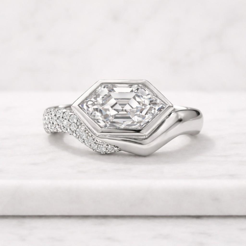2 ct east west hexagon cut moissanite engagement ring, antique half bezel set classic solitaire ring
