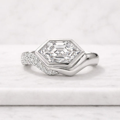 2 CT East West Hexagon Cut Moissanite Engagement Ring, Antique Half Bezel Set Classic Solitaire Ring
