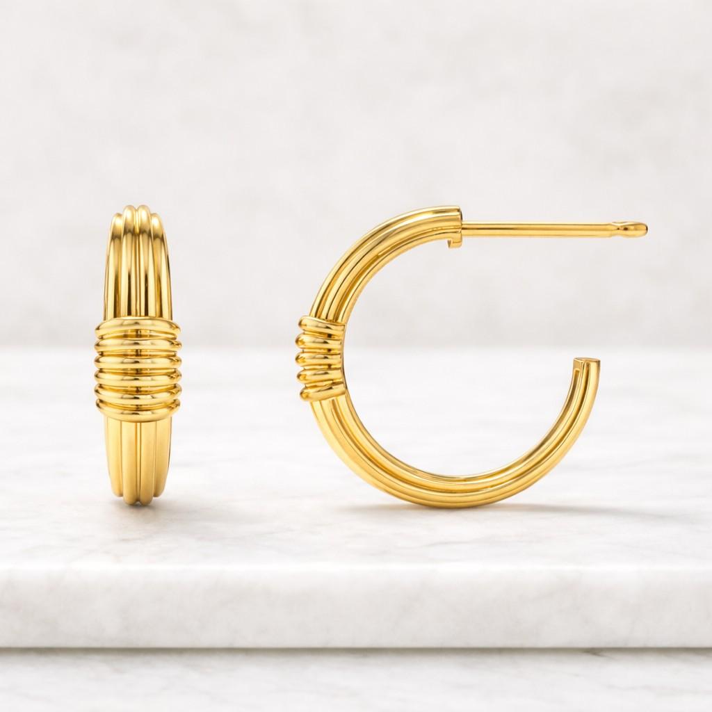 14k Gold Hoops, 14k Solid Gold Twin C Hoops, Double Gold Hoops, Unique Trendy Must Have Hoops for Every Women, Bold Chunky Gold Earrings