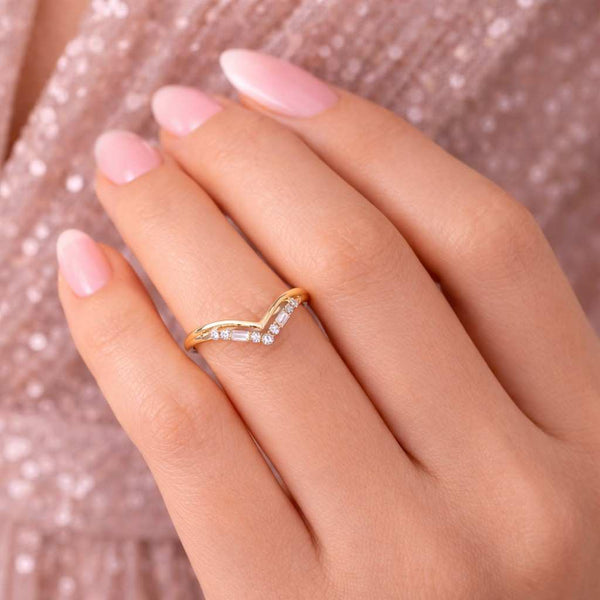 Custom Lab Diamond Curved Wedding Ring Marquise Round Band for Women Minimalist Nesting Ring Stackable Gift Jewelry Engagement Ring Enhancer