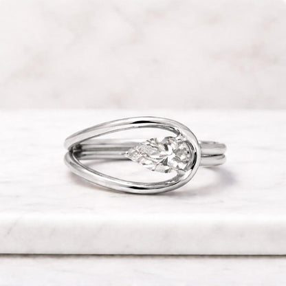 Pear Cut Moissanite Bypass Ring | East West Teardrop Solitaire in 14K Gold | Unique Asymmetrical Engagement Ring for Her
