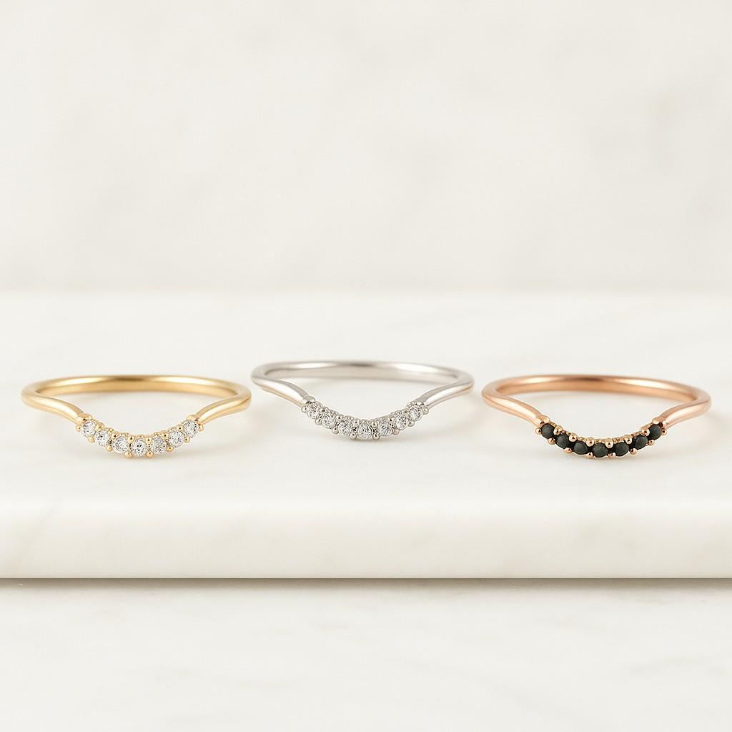 curved wedding band Yellow gold moissanite wedding band unique vintage diamond stacking matching wedding Bridal Gift for women