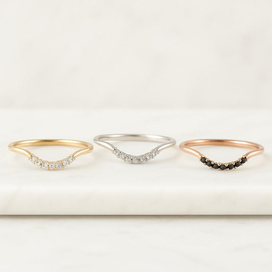 curved wedding band Yellow gold moissanite wedding band unique vintage diamond stacking matching wedding Bridal Gift for women