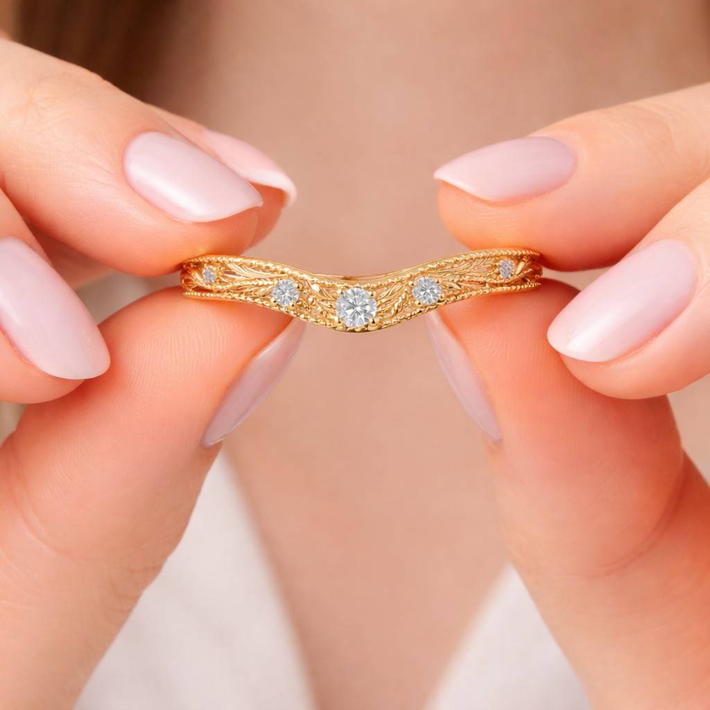 round cut lab grown diamond ring, vintage handcrafted engraved band, three stone curved milgrain edges ring, 14k gold engagement gift ring