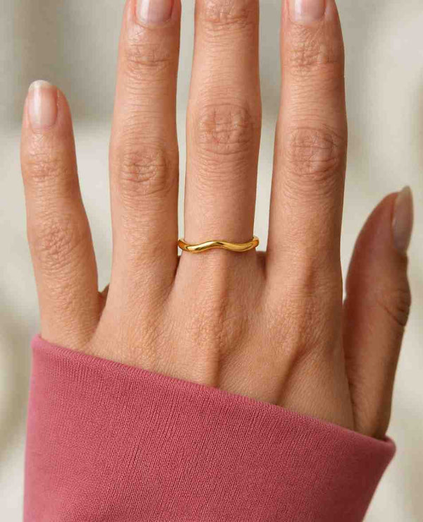 Curved Solid Gold Wedding Band, Minimalist Dainty Stacking Ring, Simple Matching Band