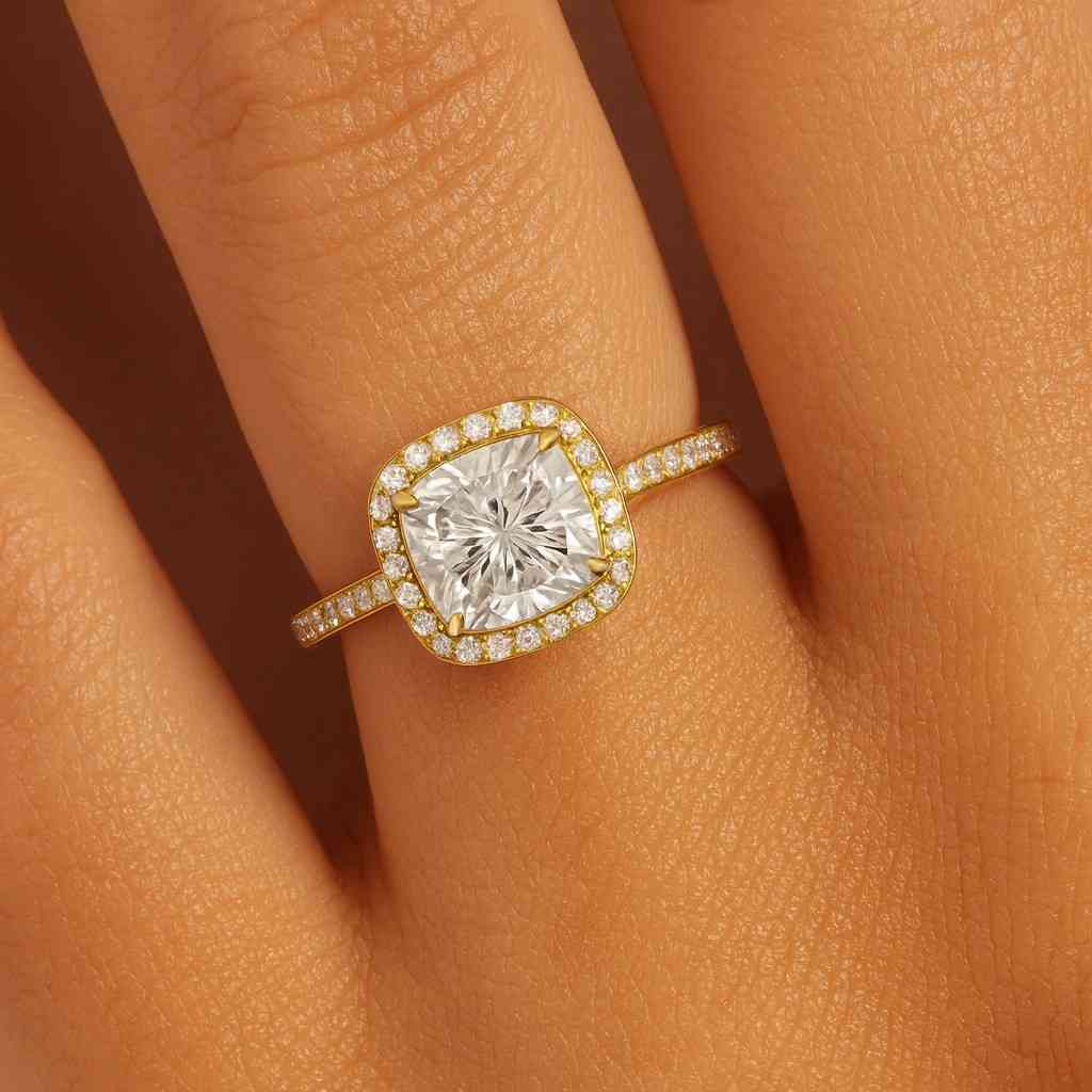 cushion Lab-Grown Diamond Engagement Ring Set Halo Moissanite Engagement Ring in 10k White Gold, Cushion Square Shape Halo Diamond Ring