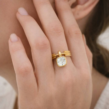 cushion bezel ring floating ring split band ring stacked ring geometric ring square bezel ring gold solitaire ring contemporary ring artistic ring sculptural ring modern jewelry