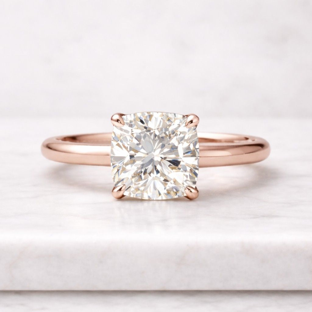 cushion cut lab grown diamond ring yellow gold solitaire engagement ring for women minimalist proposal ring high clarity diamond jewelry usa trending engagement ring style modern gold band clean design diamond ring