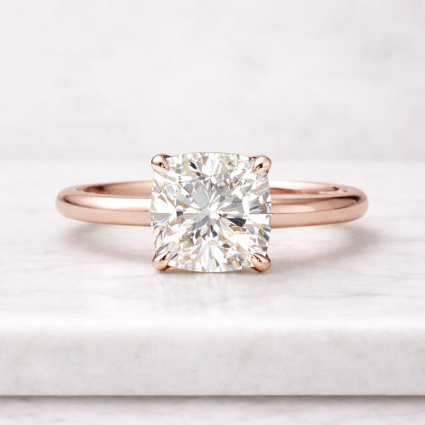 cushion cut lab grown diamond ring yellow gold solitaire engagement ring for women minimalist proposal ring high clarity diamond jewelry USA trending engagement ring style modern gold band clean design diamond ring