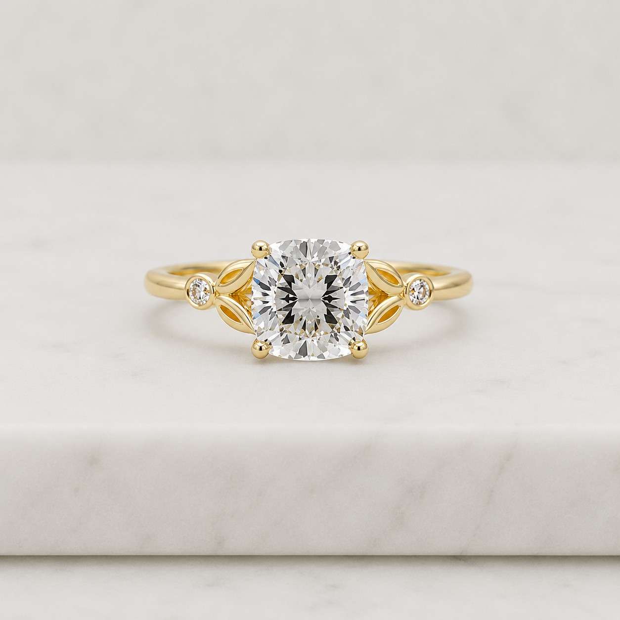 cushion cut ring solitaire ring engagement ring promise ring bridal ring yellow gold ring thin band ring leaf ring nature ring vine ring floral ring bezel accent ring side stone ring